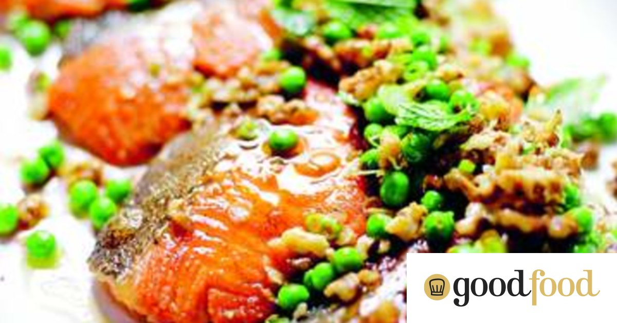 Ocean trout with smoky eggplant and minted walnut salad