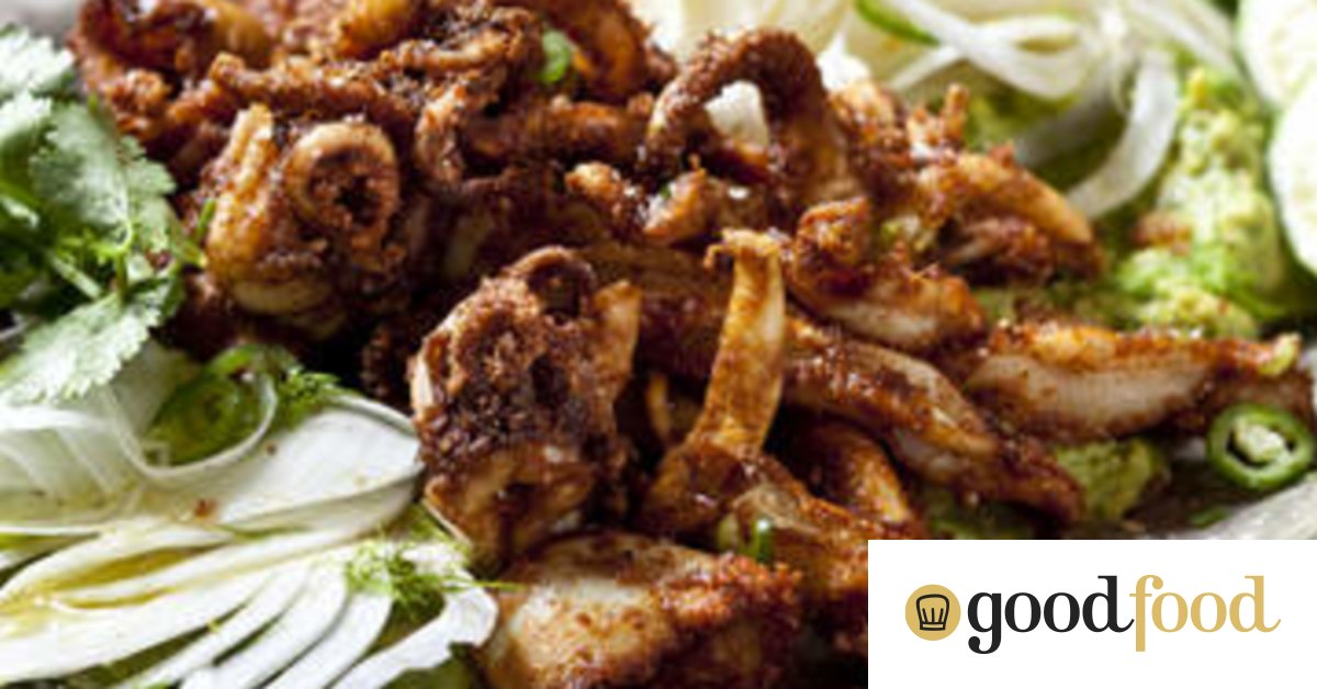 Spiced calamari with fennel and smashed avocado