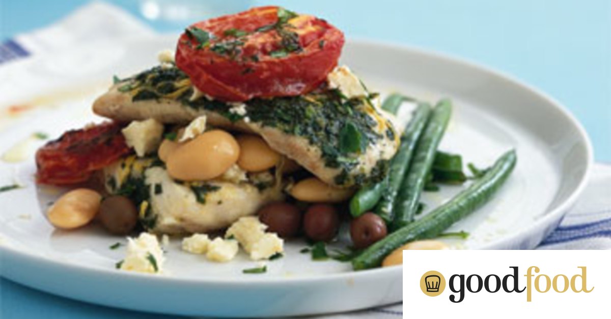 Mahi mahi with roast tomatoes, feta and butter beans