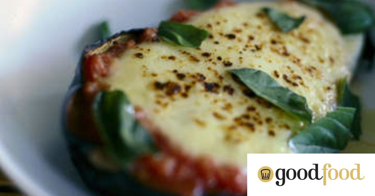 Baked eggplant with tomato, basil and mozzarella
