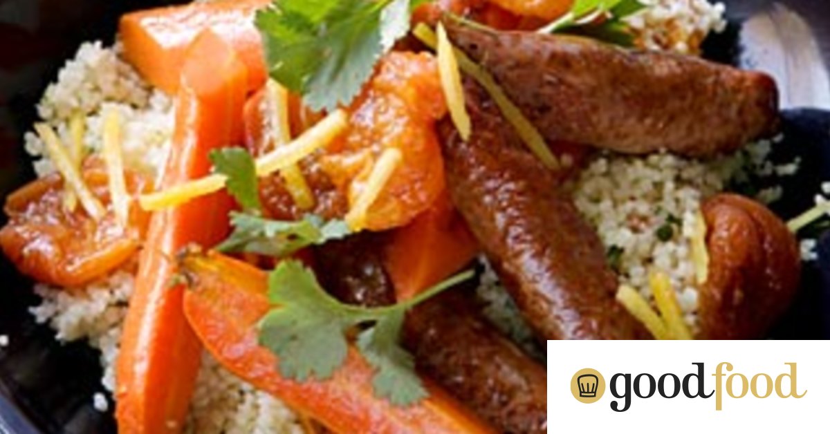 Apricot and ginger couscous with roast carrots and merguez