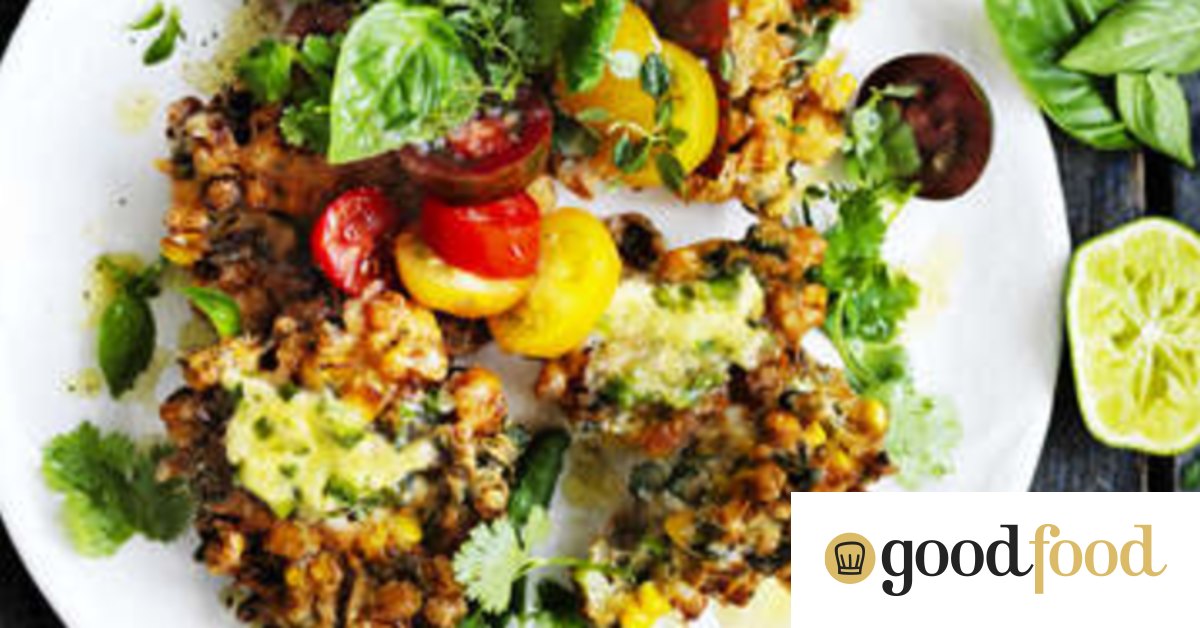 Corn fritters with jalapeno butter and heirloom tomato salad