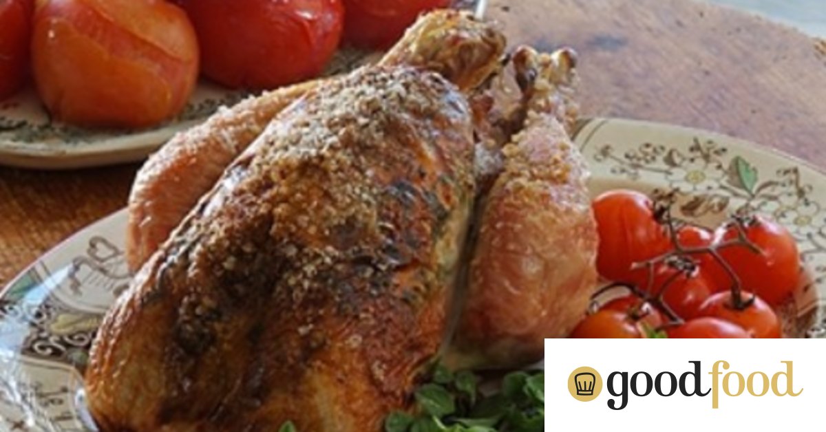 Roast chicken, marjoram butter and roast tomatoes