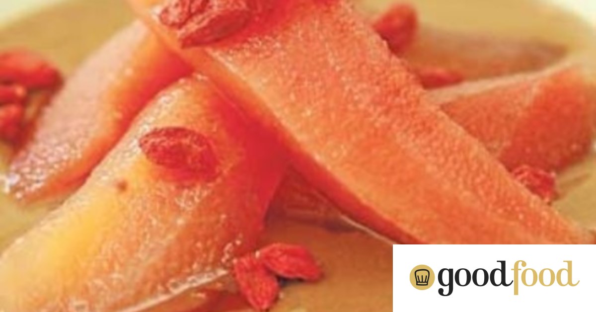 Stewed quinces with marsala custard and dried goji berries