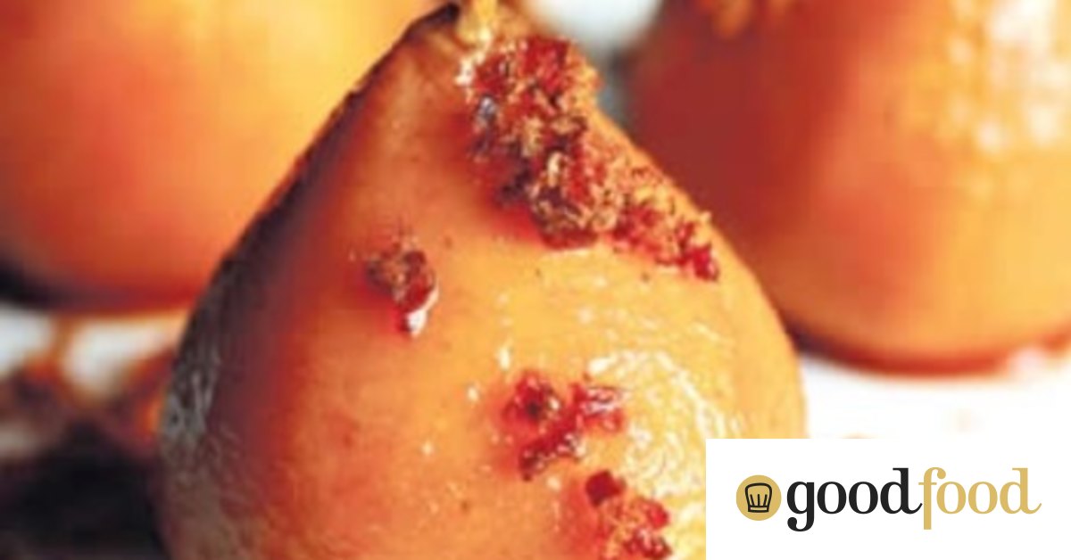 Butterscotch pears with aniseed praline