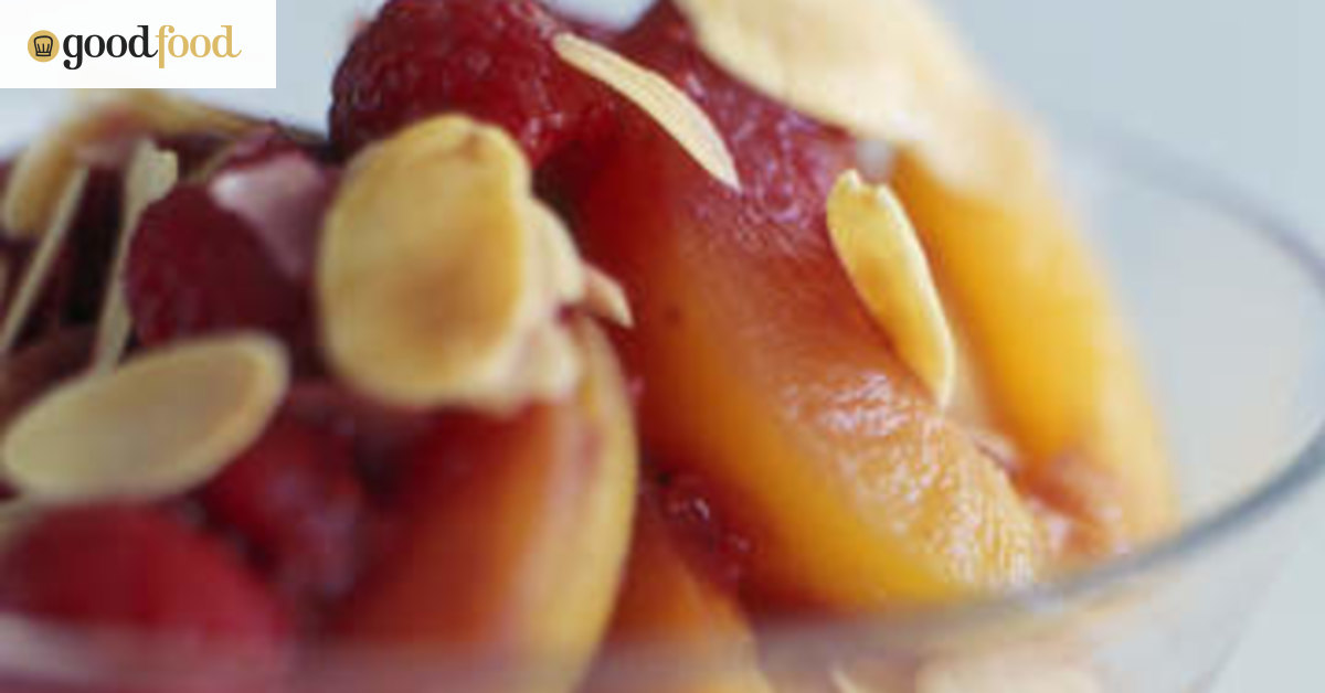Stewed apricots with raspberry compote and almonds