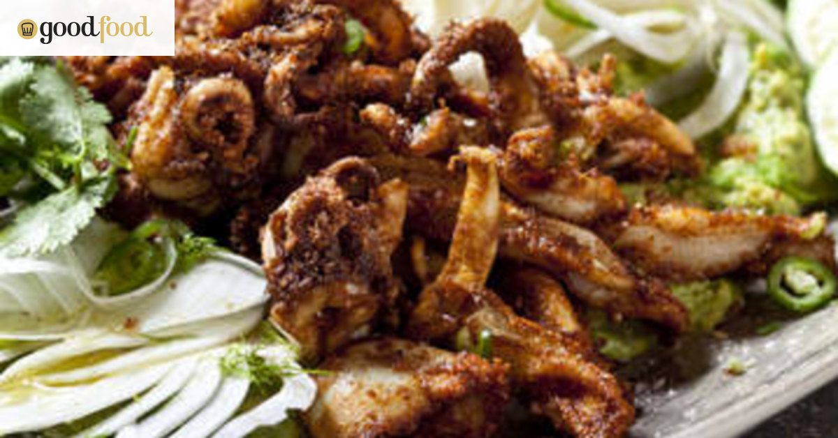 Spiced calamari with fennel and smashed avocado