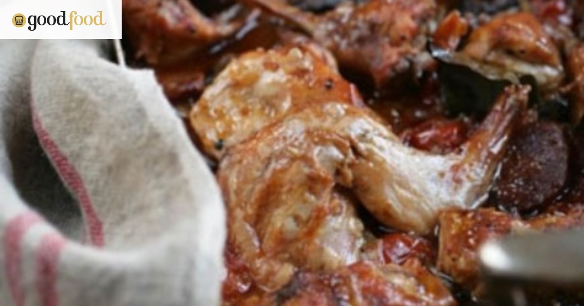 Slow-cooked rabbit with chorizo and mushrooms