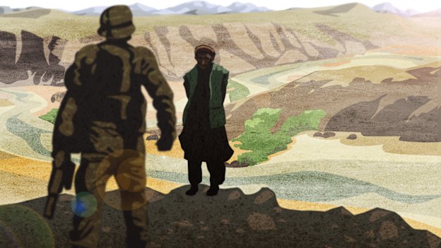 A special forces soldier and his prisoner in Darwan, Afghanistan. Illustration by Matt Davidson based on witness account. 