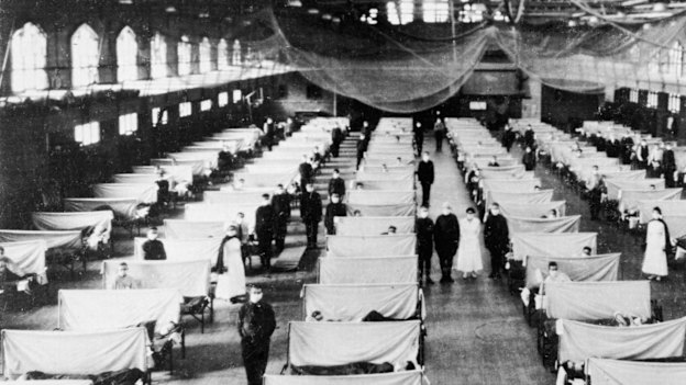 Flu patients at a converted gym.