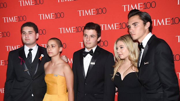 Emma González, in yellow, with fellow Parkland student activists, from left: Alex Wind, Cameron Kasky, Jaclyn Corin and David Hogg, at a New York gala celebrating Time magazine's 100 most influential people in the world last Tuesday.