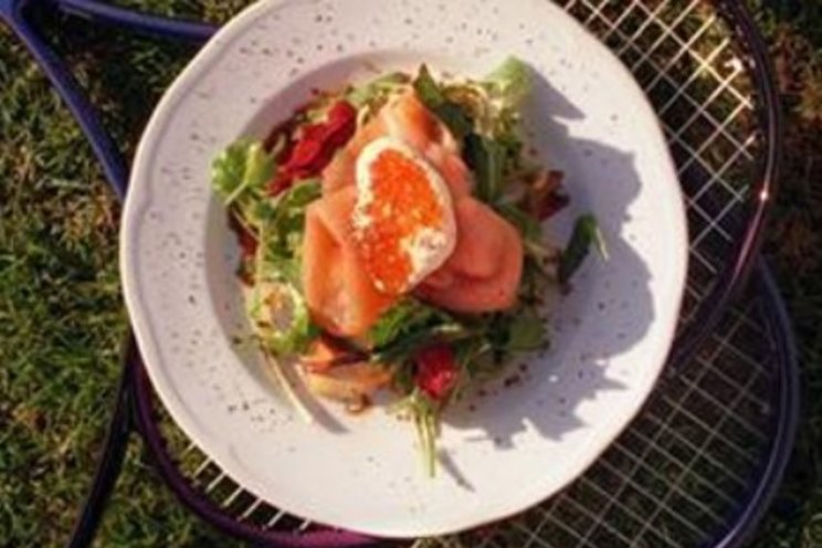 Warm salad of poached salmon, fennel and asparagus with citrus