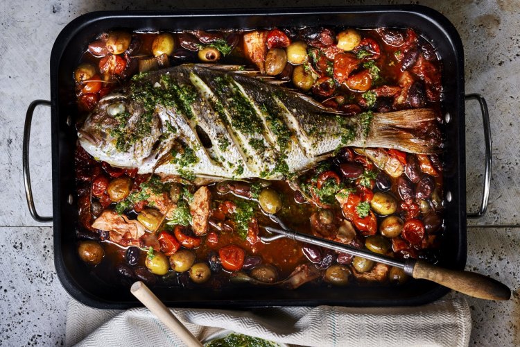 Puttanesca baked fish with salsa verde. 