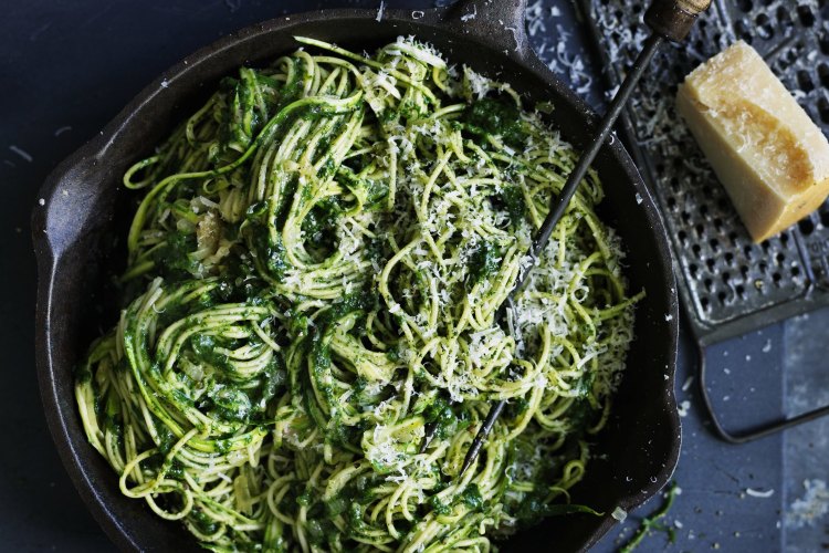 Adam Liaw's vegetarian spring pasta: Spaghetti with zucchini and spinach.