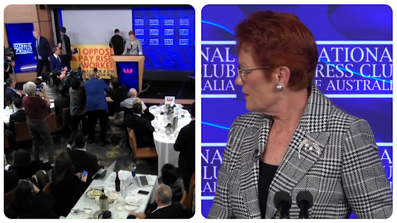 Protest banner interrupts Pauline Hanson's speech