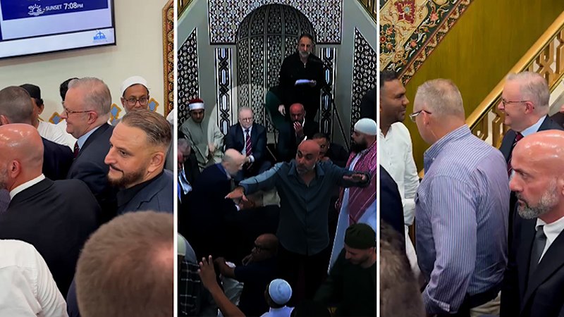 Anthony Albanese and Tony Burke jostled and jeered at Lakemba Mosque