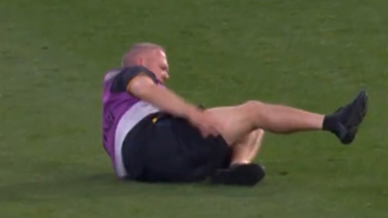 Hawthorn physio slips twice trying to get out of the way