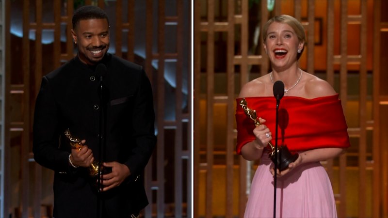Michael B. Jordan and Jessie Buckley accept their Oscar awards