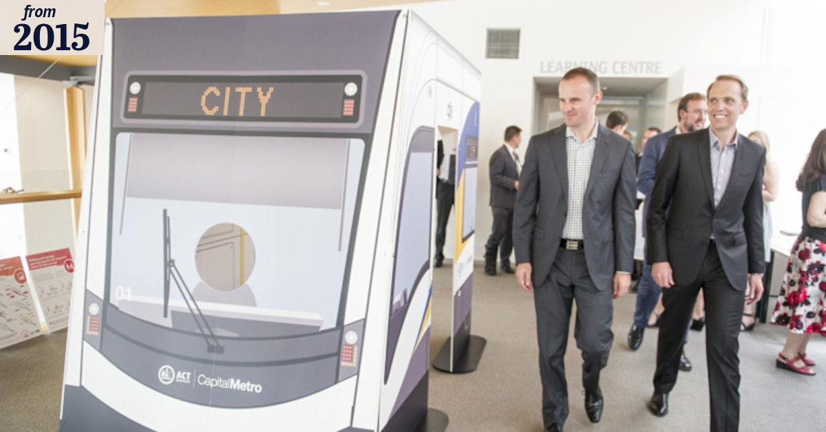 Andrew Barr and Simon Corbell test out cardboard tram but no photos ...