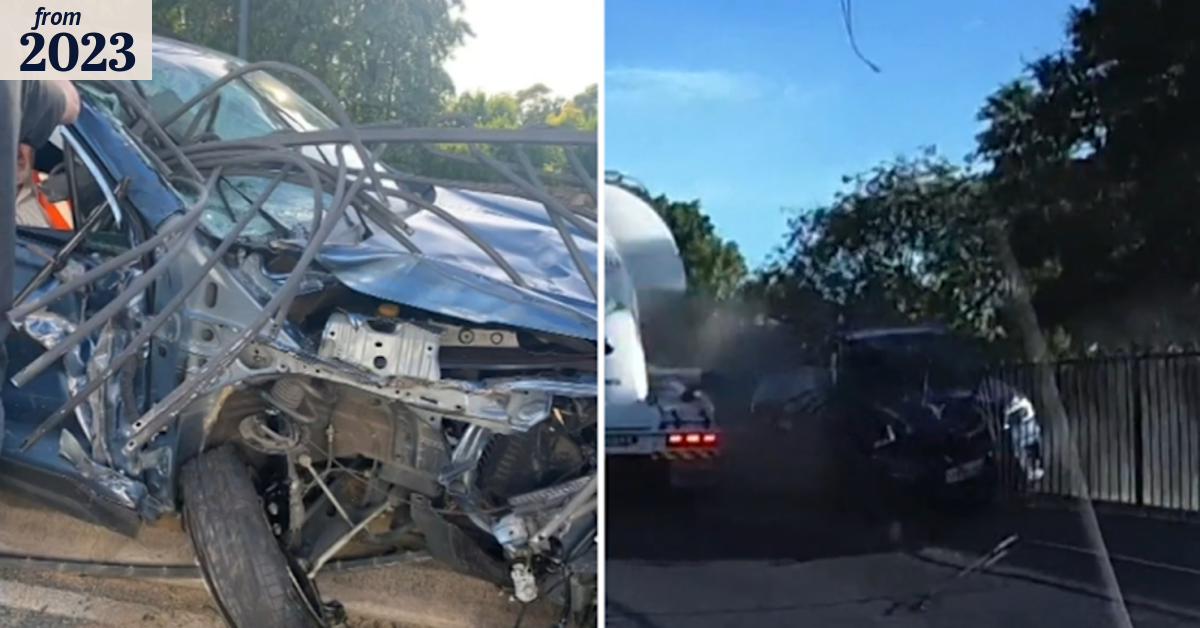 Car impaled by metal pole, driver miraculously survives