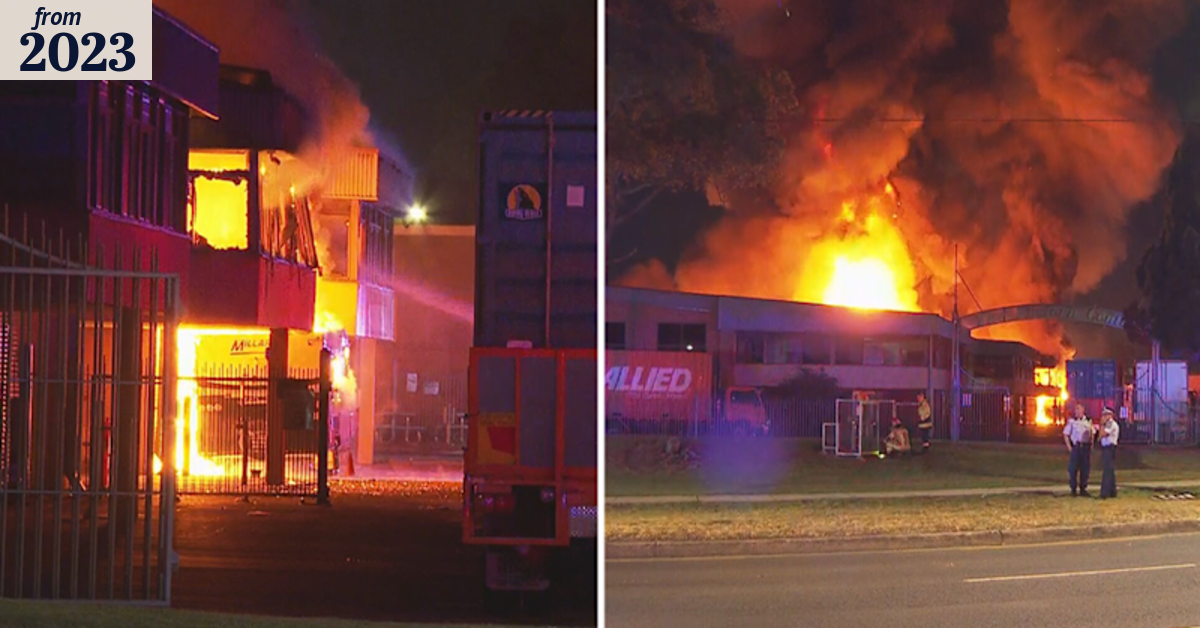 Firefighters battle industrial building blaze in Sydney