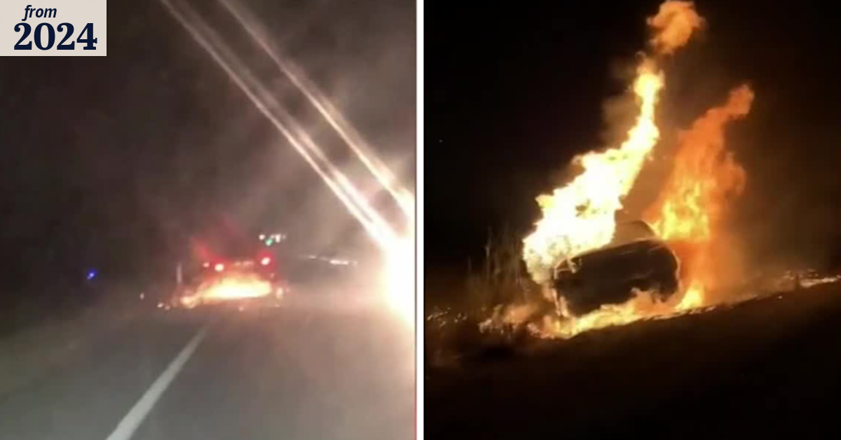 Terrifying moment stolen car catches on fire, explodes on road