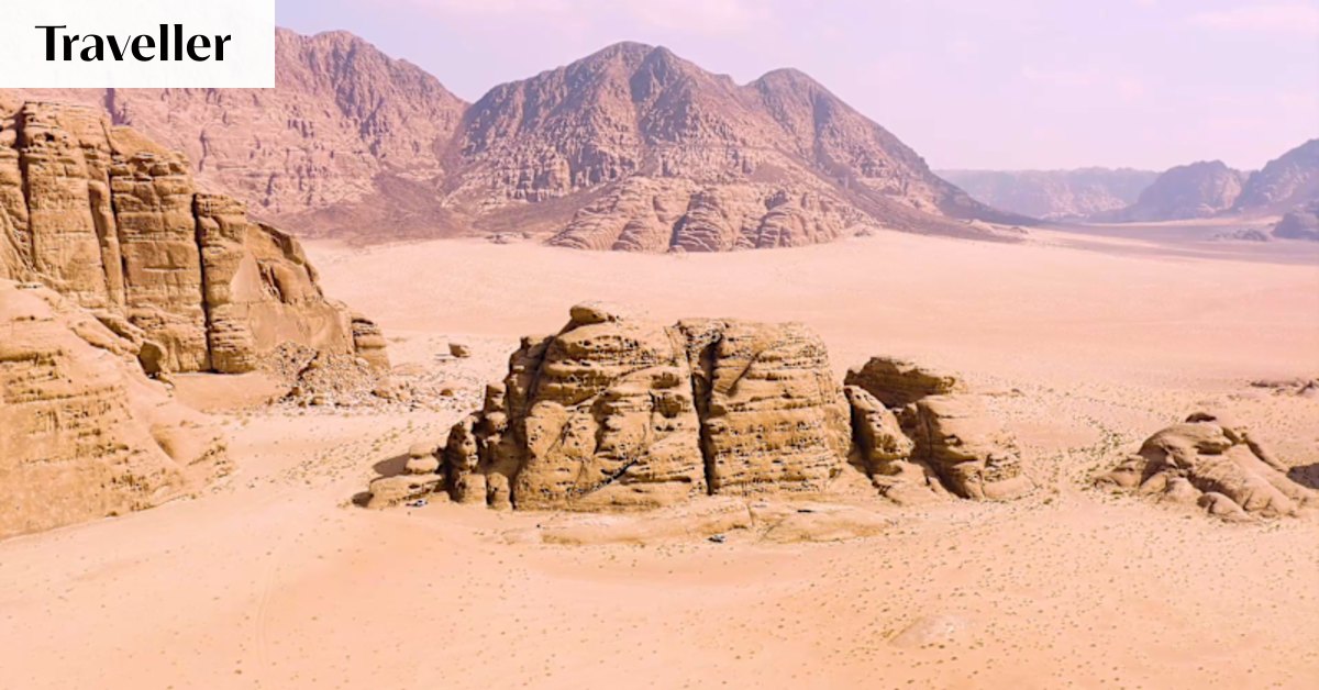 Aerial view of the Mushroom Area of Wadi Rum Desert, in Jordan