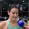 Kaylee McKeown speaks after her 200m backstroke trial.