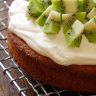 Lemon buttercake with thick cream and kiwifruit.