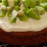 Lemon buttercake with thick cream and kiwifruit.