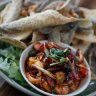 Yum sam grop salad with shards of deep-fried fish skin and tangy tamarind and chilli dressing.