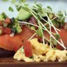 Breakfast bruschetta, with scrambled eggs, smoked salmon and avocado salsa.