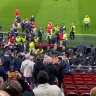 A brawl breaks out after the West Ham, AZ Alkmaar game in the UEFA Conference League.