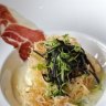 Organic farm egg potato cream, black truffles, iberico ham, herb salad. Black restaurant by Teage Ezard at The Star, Pyrmont.