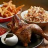 Rotisserie chicken with slaw and fries.