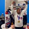 Kash Patel was filmed drinking a beer in the locker room after the US men’s team won gold at this year’s Winter Olympics. (source: X/@WilliamTurton)