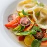 Tortellini with celeriac, basil and confit tomatoes.