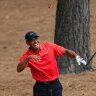 Sore one: Tiger Woods shows his discomfort after connecting with a tree root in the pine straw on the ninth.