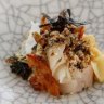 Quay's Peter Gilmore's dish of smoked and confit pig jowl with roasted kogi and shiitake, kombu, sea scallop and sesame.