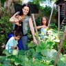 Justine Williams and her two children, Jada, 7, and Asher,5, in their garden.