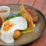 Spice-crusted white pudding with sweetcorn fritters.