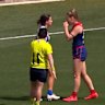 North Melbourne AFLW player Libby Birch was taunted with a cry-baby gesture by her former Melbourne teammate Eden Zanker in the 2025 preliminary final. (Source: Seven)