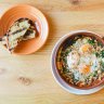 Turkish eggs with hazelnut dukkah and labna.