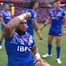 Samoan captain Junior Paulo leads his team in the pre-game 'Siva Tau' - a traditional war dance.