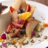 Goat's milk and date panna cotta with seasonal fruit, kataifi pastry, toasted pistachios and pomegranate molasses.