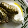 Stuffed vine leaves with rice, pine nuts, currants and lemon.