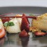 Pedro Ximenez cheesecake, strawberries, rhubarb, citrus crumb and basil.