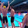An Australian men's 4x100m freestyle relay team featuring Flynn Southam, Kai Taylor, Max Giuliani and Kyle Chalmers wins gold at the 2025 world championships.
