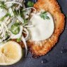 Pork schnitzel with buffalo mozzarella and fennel, apple and sour cream slaw.