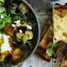 Green shakshuka with hummus and Turkish bread.